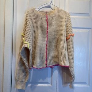 New In Cream Waffle Knit Long Sleeve Sweater with Neon Stitching - Size Medium